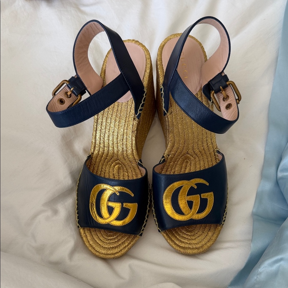 Gucci Women's Blue and Gold Wedge Sandals
